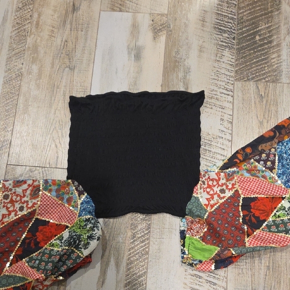 Anthropologie Black Top with Colorful Patchwork Sleeves - Picture 7 of 9